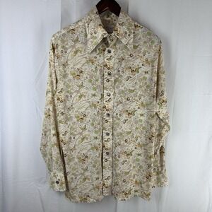 Vintage 1970s Donegal Never Press Spear Point Long Sleeve‎ Shirt Large Bird AOP